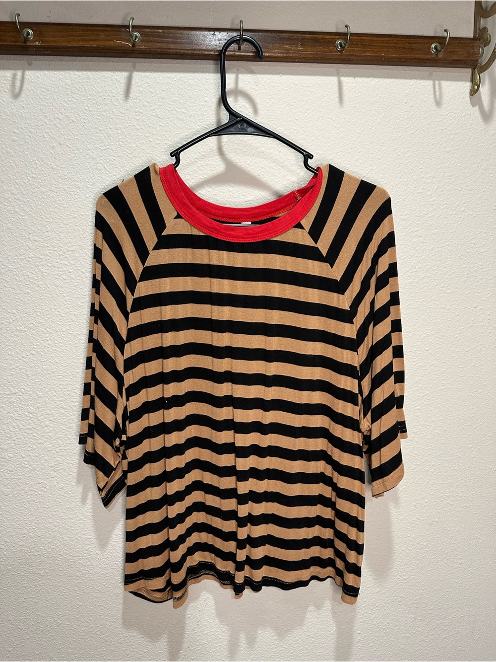 Amazon Black and Tan Striped Tunic with Red Neckline